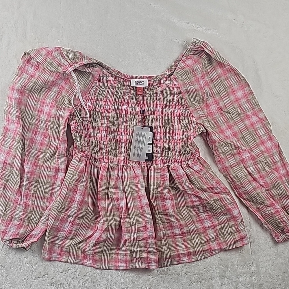 Tommy jeans shirt women large off shoulder boho pink tartan beige tunic